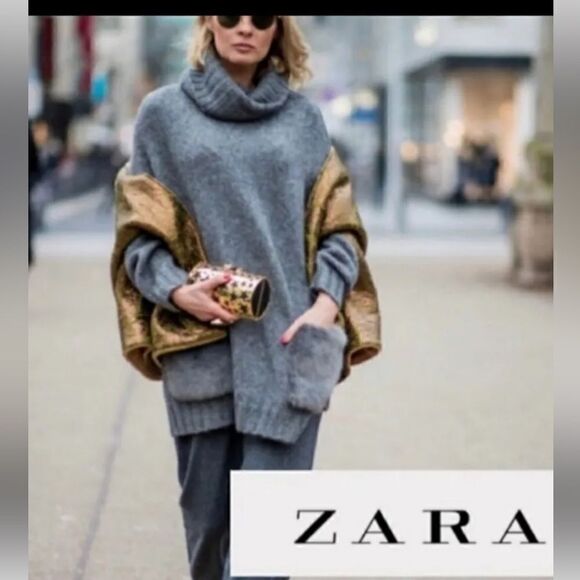 Zara Slouchy oversized Turtleneck sweater alpaca blend Womens S fur pockets Boho - Picture 15 of 15
